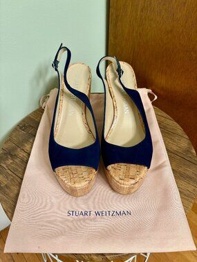 Stuart Weitzman Navy Suede Slingback Wedge Sandals, Size 11